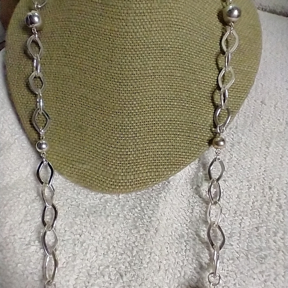 Silvertone chain link Ball bead long runway statement necklace - Picture 3 of 6